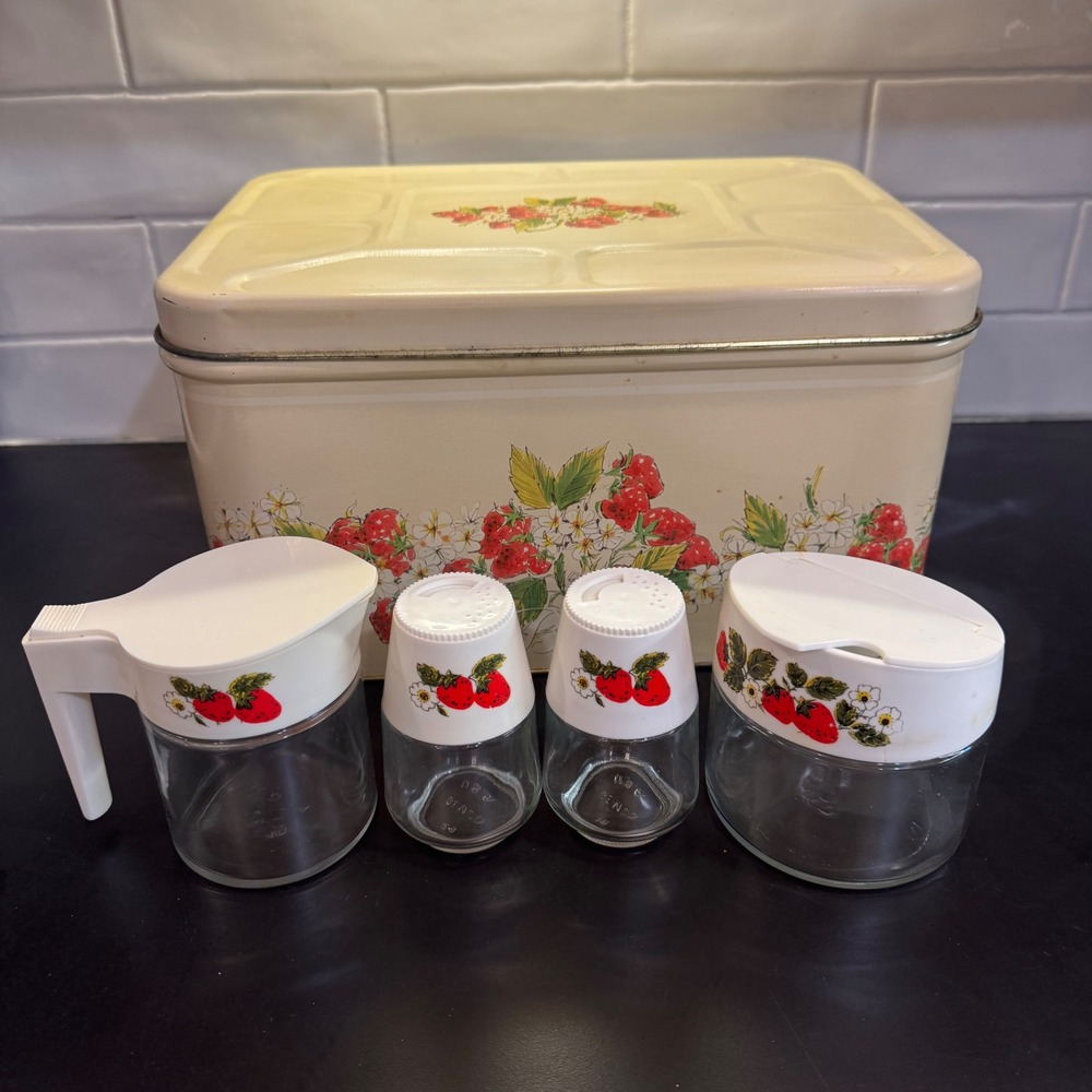 Gemco Cheinco Bread Box Canister Set Kitchen Cream Red Strawberry Vintage 5pc